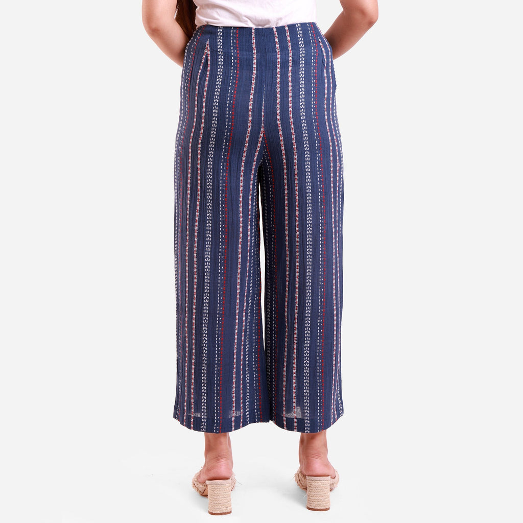 Back View of a Model wearing Navy Blue Crinkled Cotton Striped Culottes