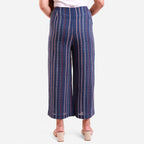 Back View of a Model wearing Navy Blue Crinkled Cotton Striped Culottes