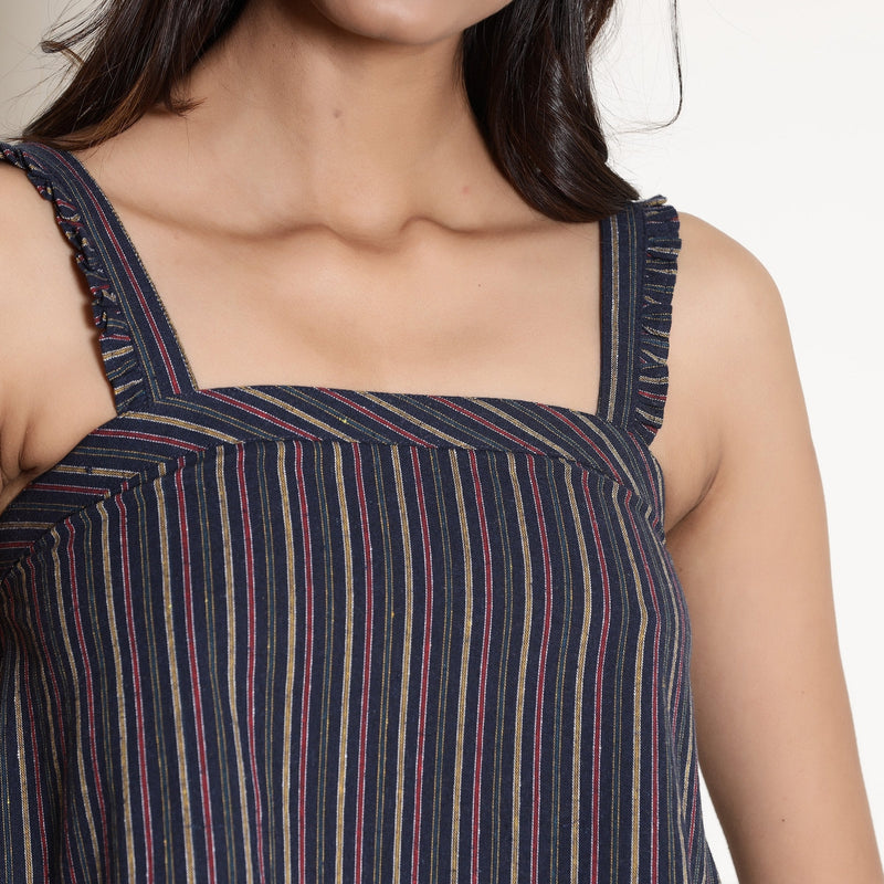 Front Detail of a Model wearing Navy Blue Striped Camisole Top