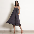 Front View of a Model wearing Navy Blue Striped Halter Neck Frilled Dress