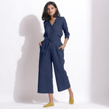 Front View of a Model wearing Navy Blue Top and Relaxed Culottes Set