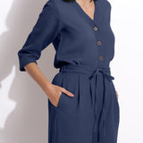 Front Detail of a Model wearing Navy Blue Cotton Waffle Button-Down Top