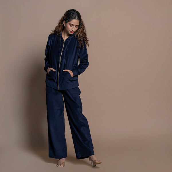 Front View of a Model wearing Navy Blue Velvet Hoodie and Track Pant Set