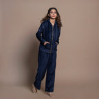 Front View of a Model wearing Navy Blue Cotton Velvet Hoodie Jacket