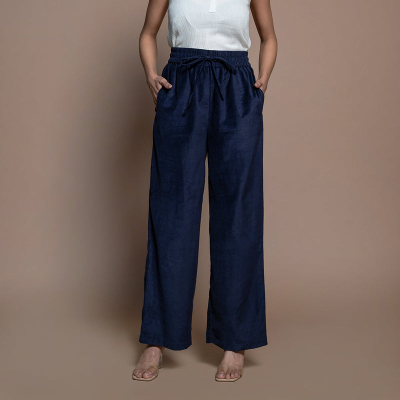 Front View of a Model wearing Navy Blue High Rise Straight Pants