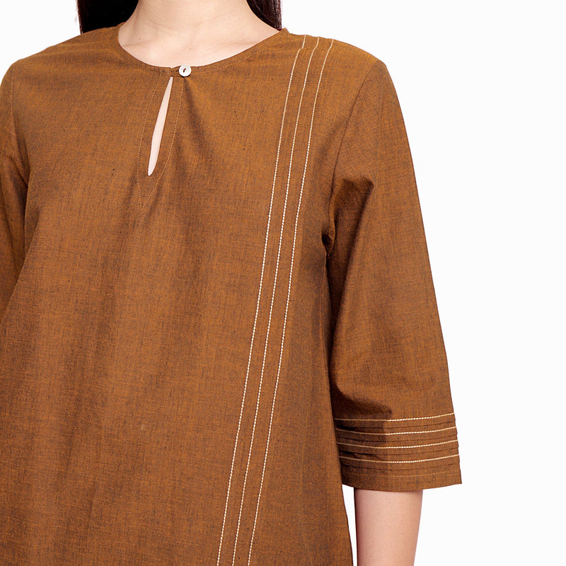 Front Detail of a Model wearing Handspun Oak Brown Cotton Straight Top