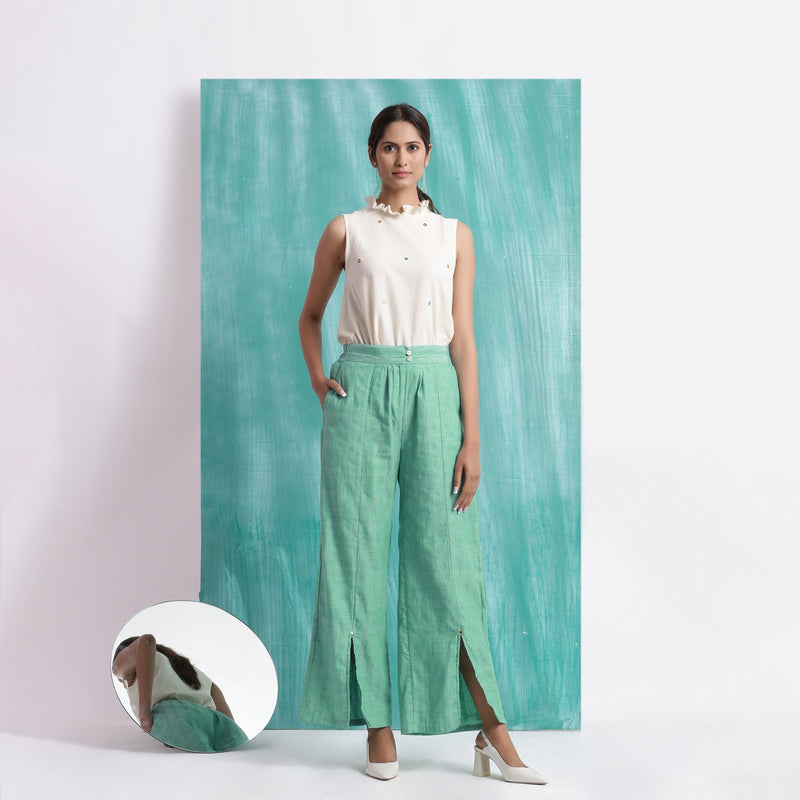 Front View of a Model wearing Ocean Green 100% Cotton Wide-Legged Pant