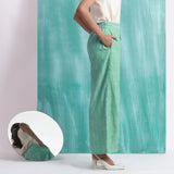 Right View of a Model wearing Ocean Green 100% Cotton Wide-Legged Pant