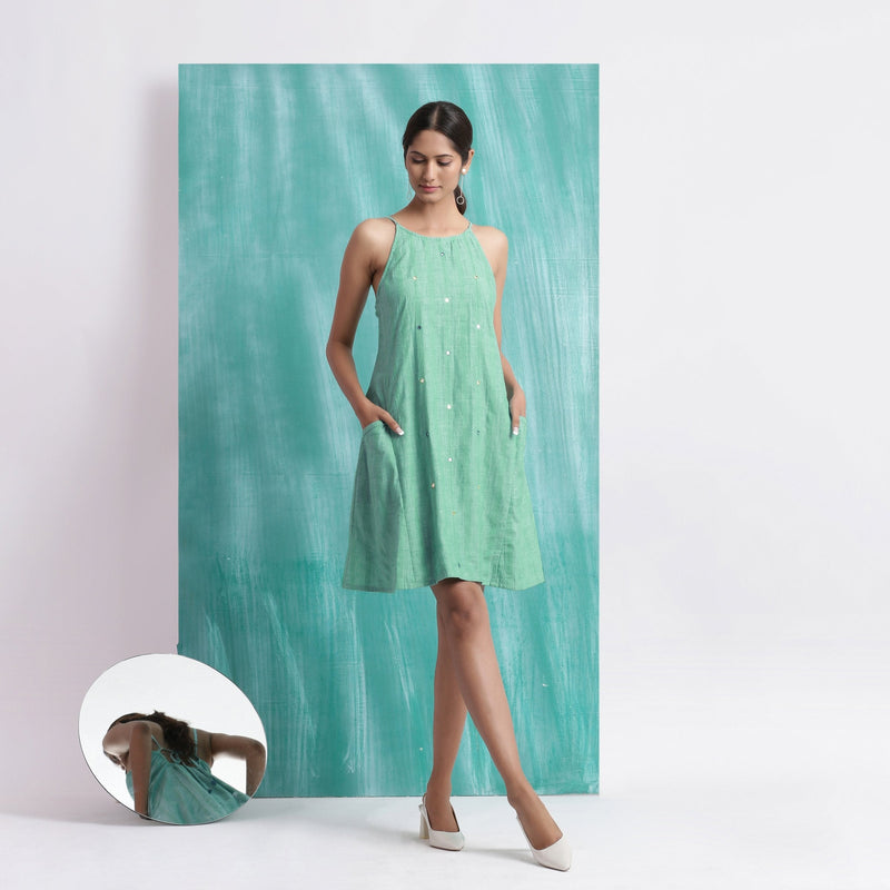 Front View of a Model wearing Ocean Green Handspun 100% Cotton A-Line Dress