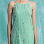 Front Detail of a Model wearing Ocean Green Handspun 100% Cotton A-Line Dress