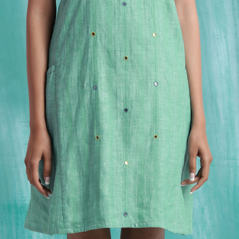 Close Detail of a Model wearing Ocean Green Handspun 100% Cotton A-Line Dress