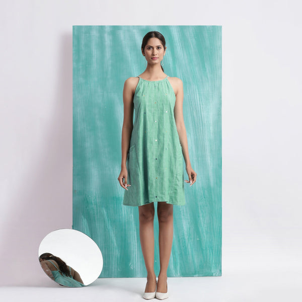 Front View of a Model wearing Ocean Green Handspun 100% Cotton A-Line Dress