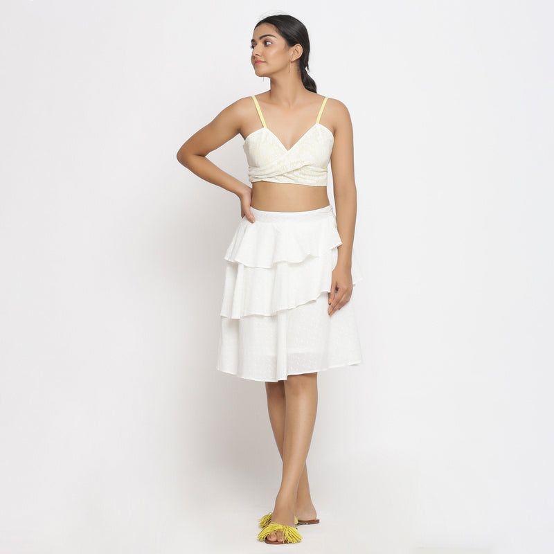 Front View of a Model wearing Off-White Cotton Dobby Ruffled Skirt