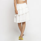 Front View of a Model wearing Off-White Cotton Dobby Ruffled Skirt