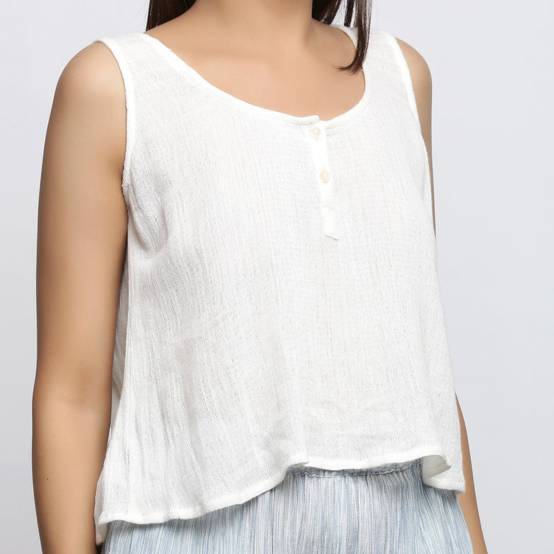 Front Detail of a Model wearing Off-White Crinkled Cotton Straight Top