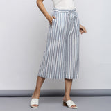 Right View of a Model wearing Sky Blue Yarn Dyed Cotton Culottes