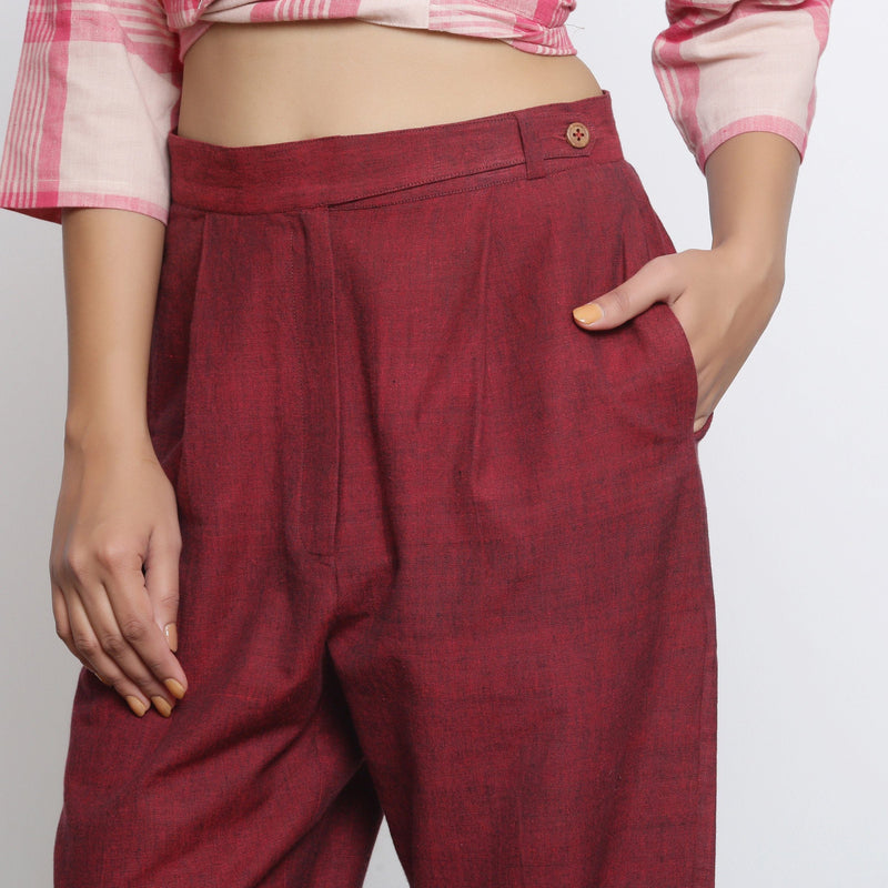 Front Detail of a Model Wearing Maroon Handspun Straight Fit Pant