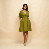 Front View of a Model wearing Olive Gold 100% Cotton Khadi Blouson Dress