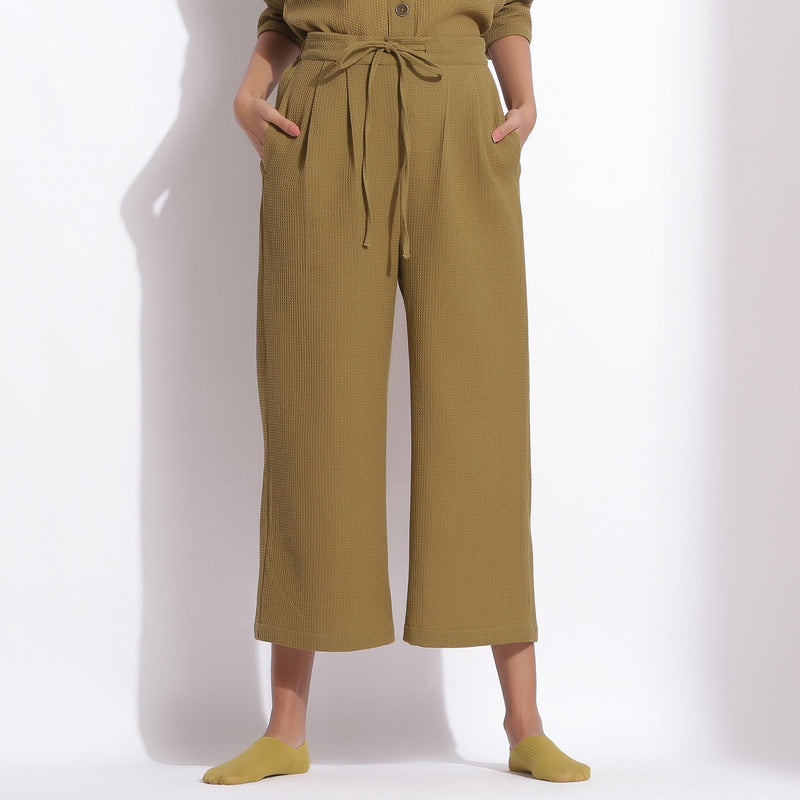 Front View of a Model wearing Olive Green Cotton Waffle Relaxed Culottes