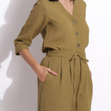 Front Detail of a Model wearing Olive Green Button-Down Top and Culottes Set