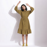 Front View of a Model wearing Olive Green Cotton Waffle Button-Down Dress