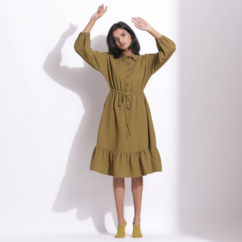 Front View of a Model wearing Olive Green Cotton Waffle Button-Down Dress