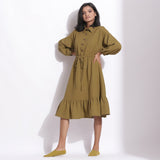 Front View of a Model wearing Olive Green Cotton Waffle Button-Down Dress