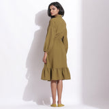 Back View of a Model wearing Olive Green Cotton Waffle Button-Down Dress