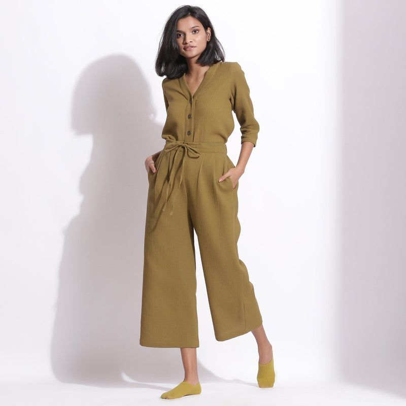 Front View of a Model wearing Olive Green Cotton Waffle Relaxed Culottes