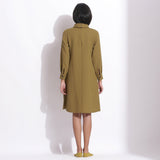 Back View of a Model wearing Olive Green Cotton Waffle Turtle Neck Dress