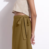 Left Detail of a Model wearing Olive Green Cotton Waffle Wrap Skirt