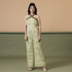 Front View of a Model wearing Olive Green Shibori Wide Legged Pant