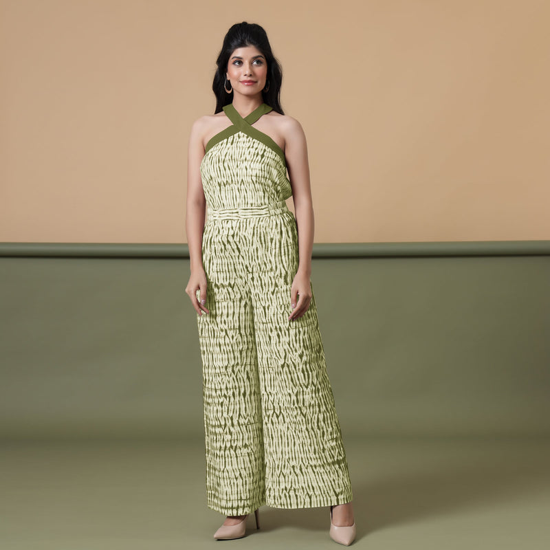 Front View of a Model wearing Olive Green Shibori Wide Legged Pant