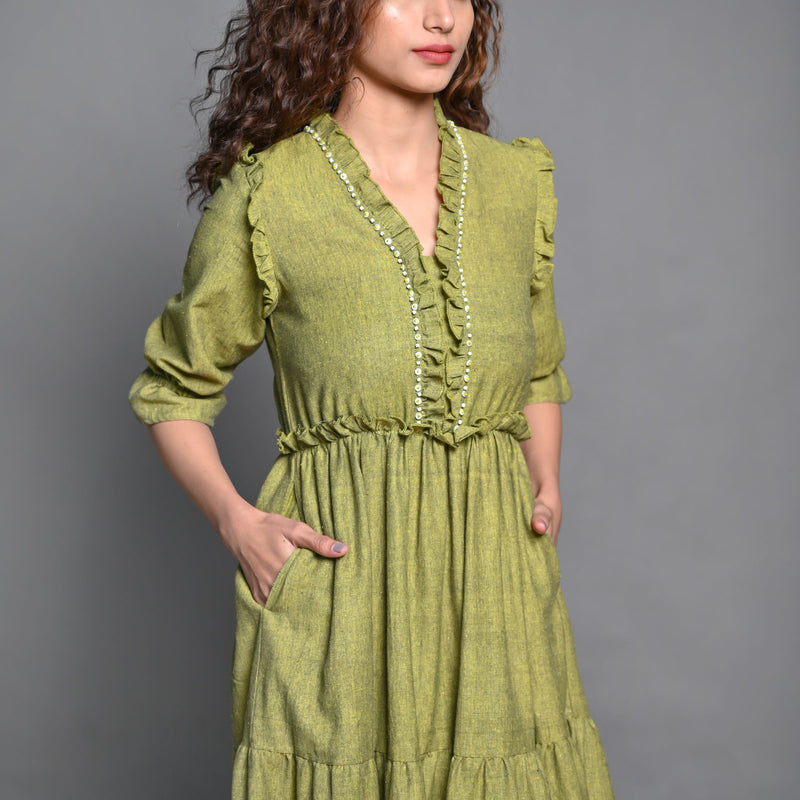 Front Detail of a Model wearing Olive Green Handspun Cotton Beaded Boho Dress