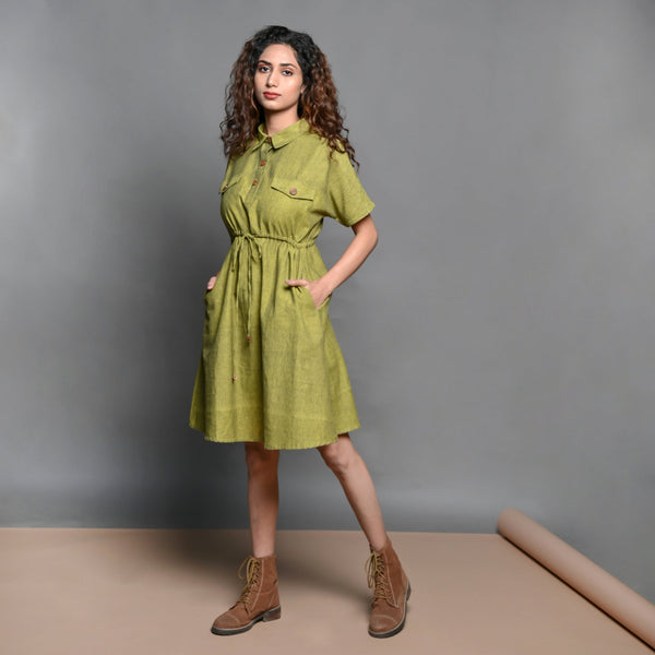 Front View of a Model wearing Olive Green Handspun Cotton Comfy Safari Dress