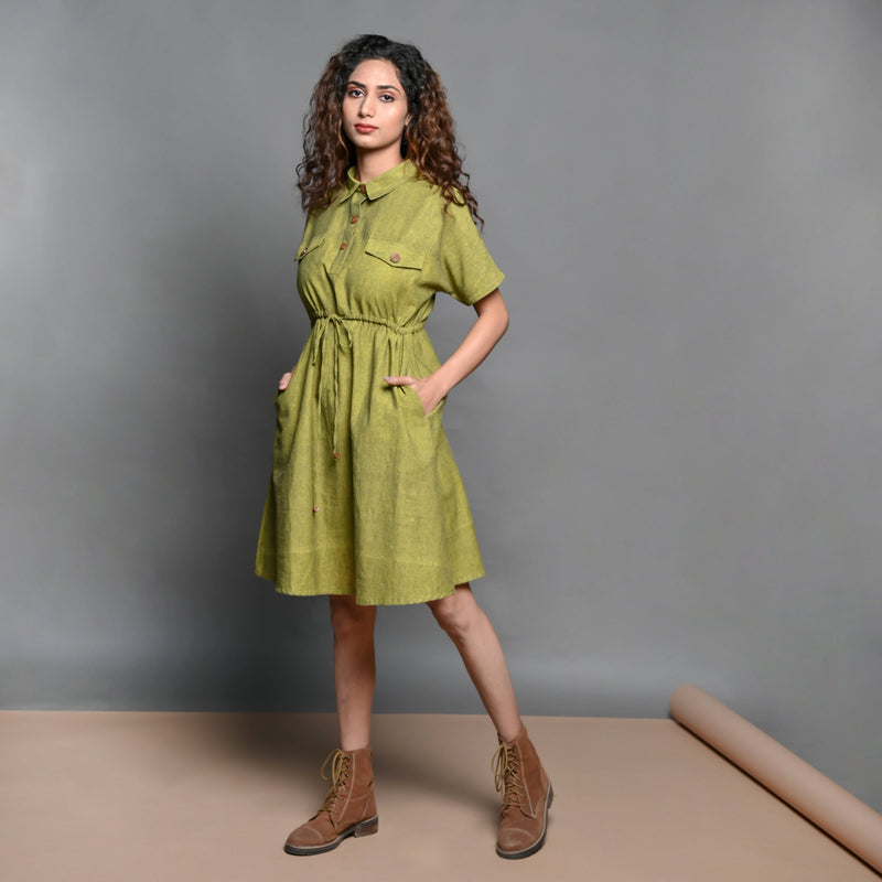 Front View of a Model wearing Olive Green Handspun Cotton Comfy Safari Dress