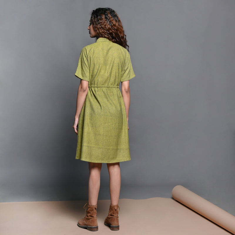 Back View of a Model wearing Olive Green Handspun Cotton Comfy Safari Dress