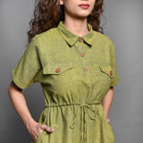 Front Detail of a Model wearing Olive Green Handspun Cotton Comfy Safari Dress