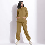 Front View of a Model wearing Olive Green Sweatshirt and Jogger Pant Set