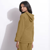 Back View of a Model wearing Olive Green Cotton Waffle Hoodie Sweatshirt