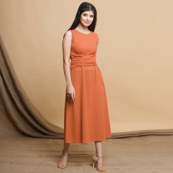 Front View of a Model wearing Orange A-Line Midi Dress