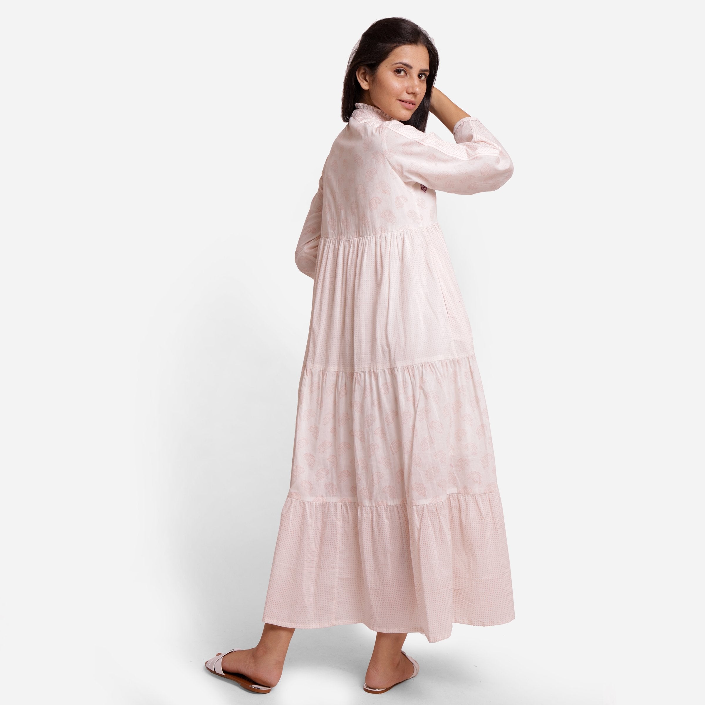 Back View of a Model wearing Hand-Embroidered Full Sleeves Peasant Dress