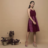 Maroon Ikat Handwoven Cotton Paneled Knee Length Dress