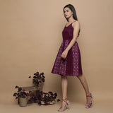 Maroon Ikat Handwoven Cotton Paneled Knee Length Dress