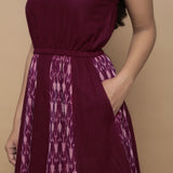 Maroon Ikat Handwoven Cotton Paneled Knee Length Dress