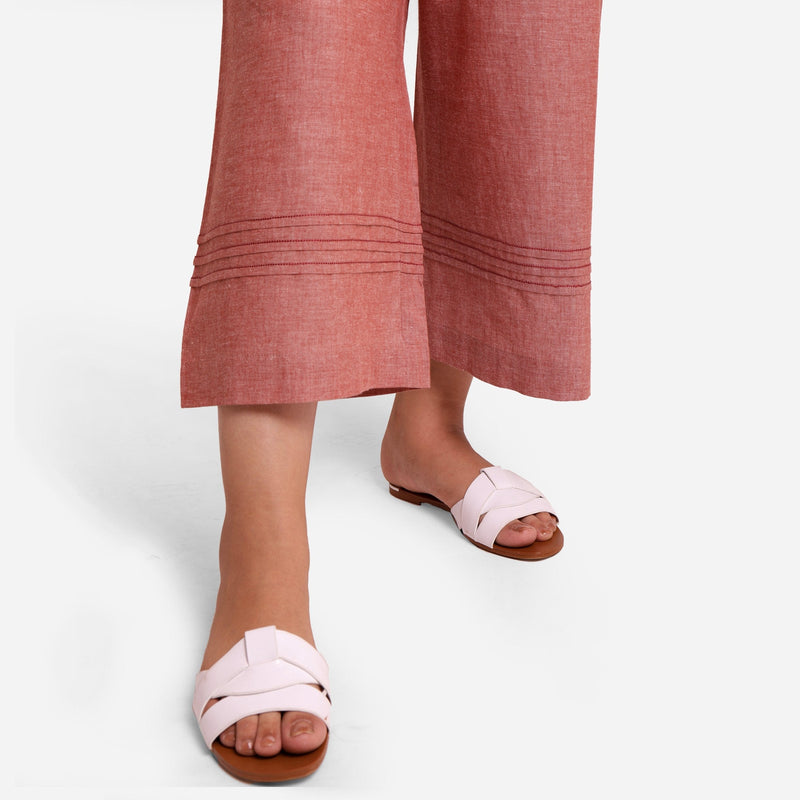 Close View of a Model wearing Peach Comfort-Fit Cotton Flared Pant
