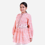 Front View of a Model wearing Peach Paisley Mandarin Collar Top