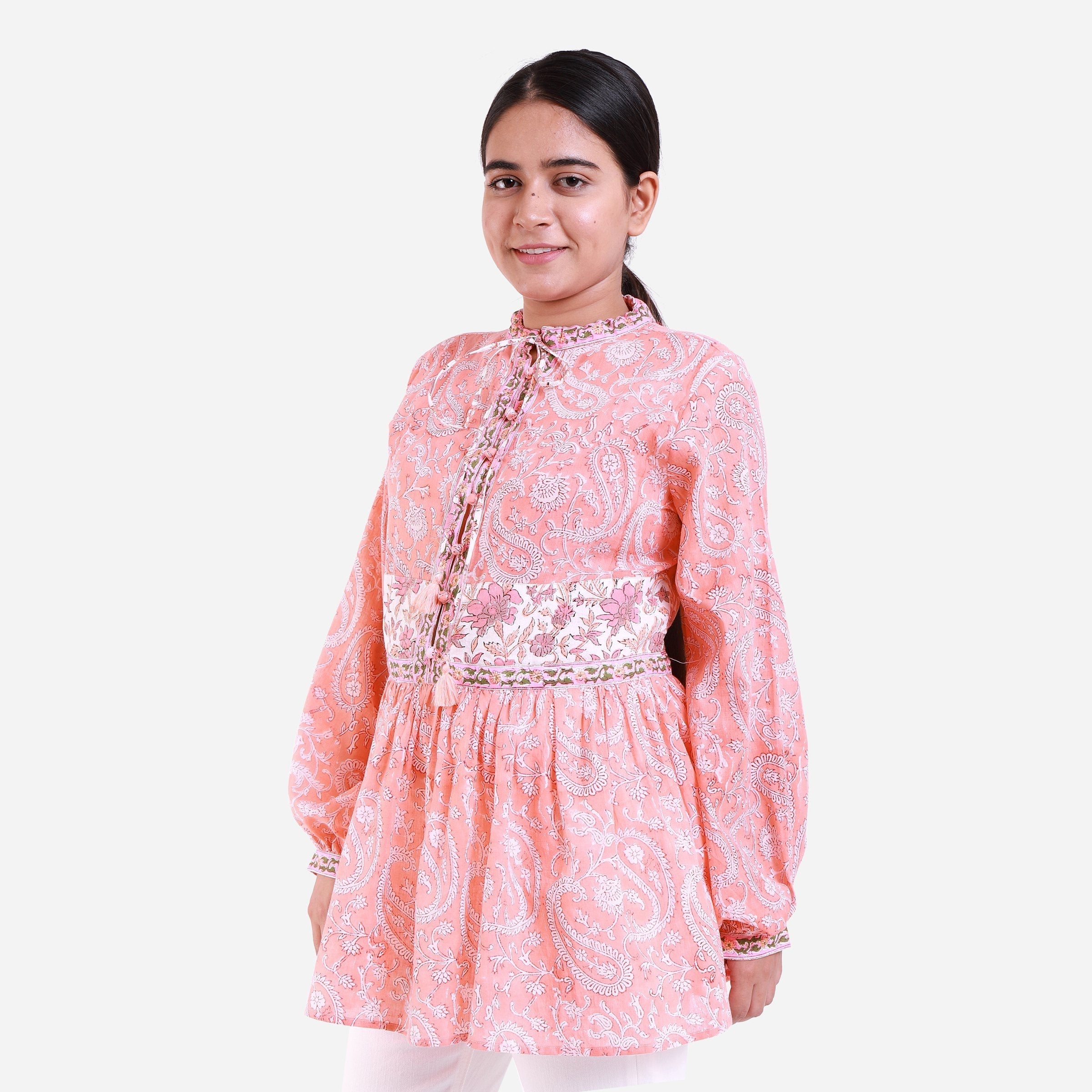 Front View of a Model wearing Peach Paisley Mandarin Collar Top