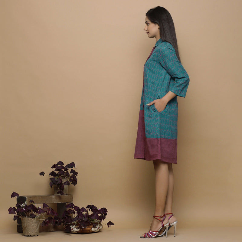 Teal Peter Pan Collar Ikat Cotton Knee Length Shirt Dress