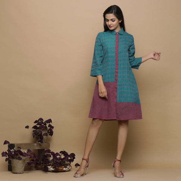 Teal Peter Pan Collar Ikat Cotton Knee Length Shirt Dress